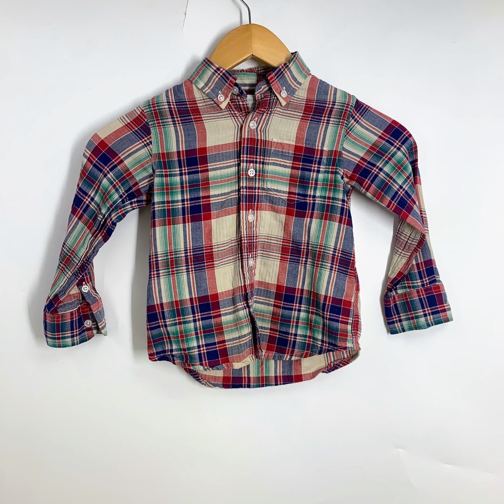 J.Crew Kids Red Blue Green Plaid Flannel Long Sleeve Button Down Shirt Size 2T